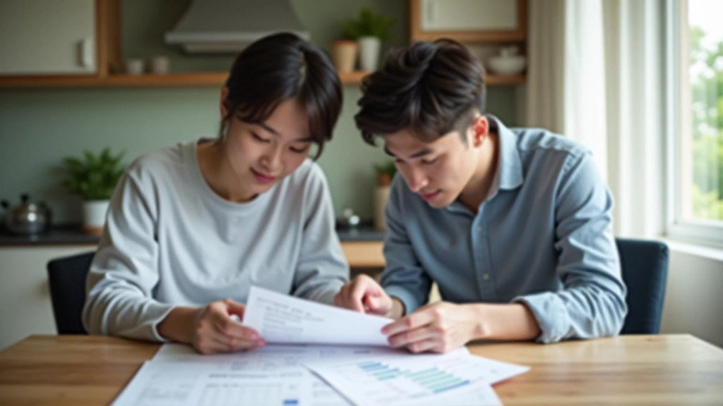 Couple reviewing household budget spreadsheet together at kitchen table with calculator and receipts