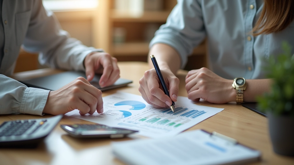 Couple discussing household finances with expense spreadsheet and calculator on desk
