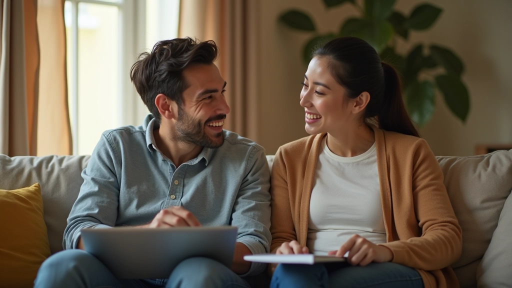 Diverse couple having thoughtful conversation about finances with positive body language