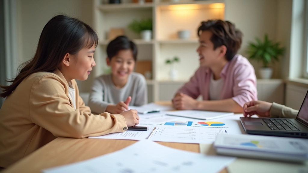 Family having financial discussion with documents and savings goal chart on table