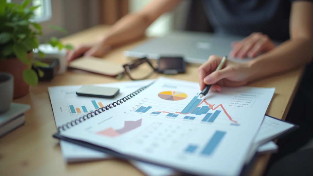 Investment learning materials with financial charts and educational resources on workspace