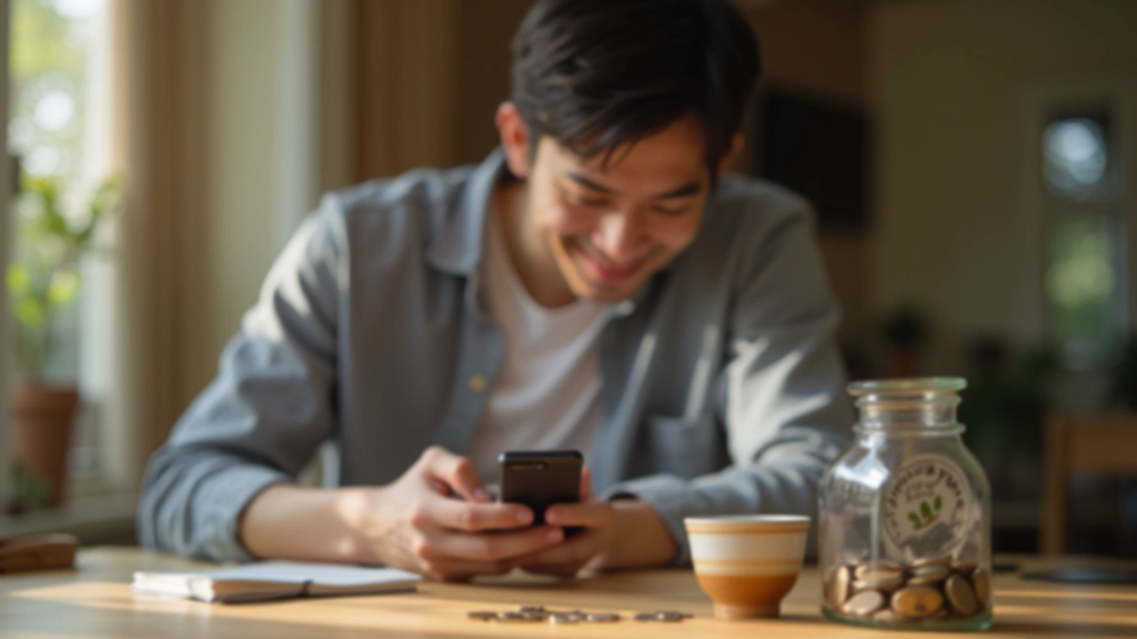 Person reviewing savings progress on smartphone with piggy bank and coins on wooden table