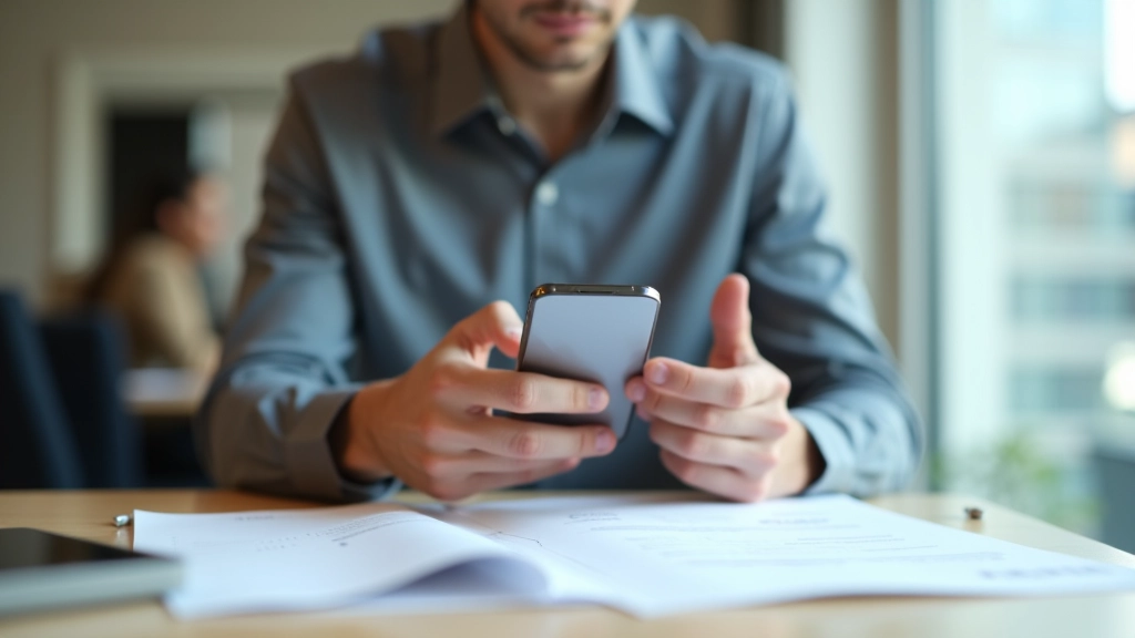 Person setting up expense tracking app on smartphone while reviewing monthly bills