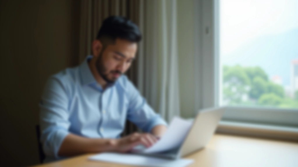 Person reviewing budget spreadsheet on laptop at home desk with notebook and pen, focused expression, natural window lighting from side
