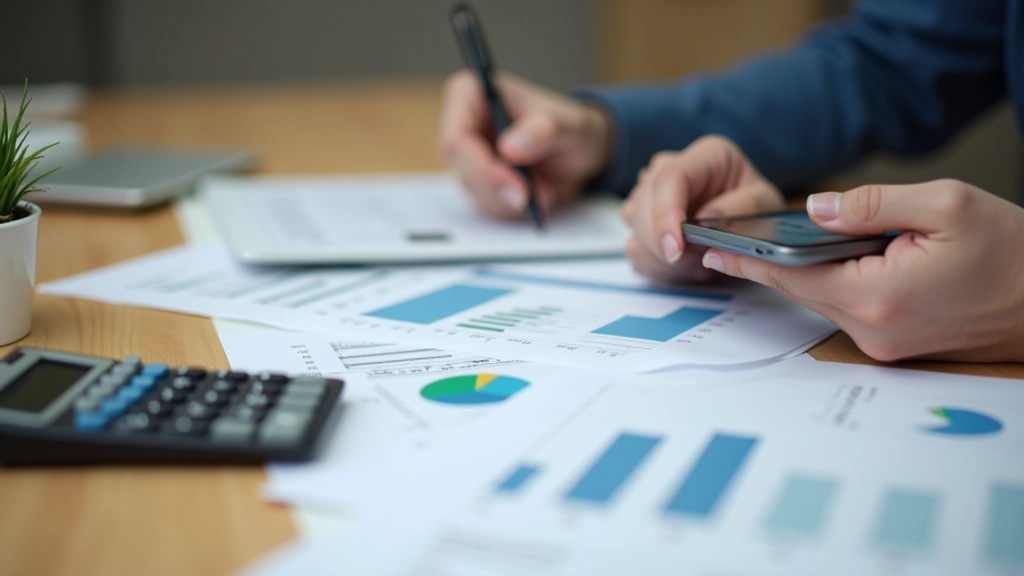 Person reviewing investment portfolio on tablet with financial documents and calculator on wooden desk