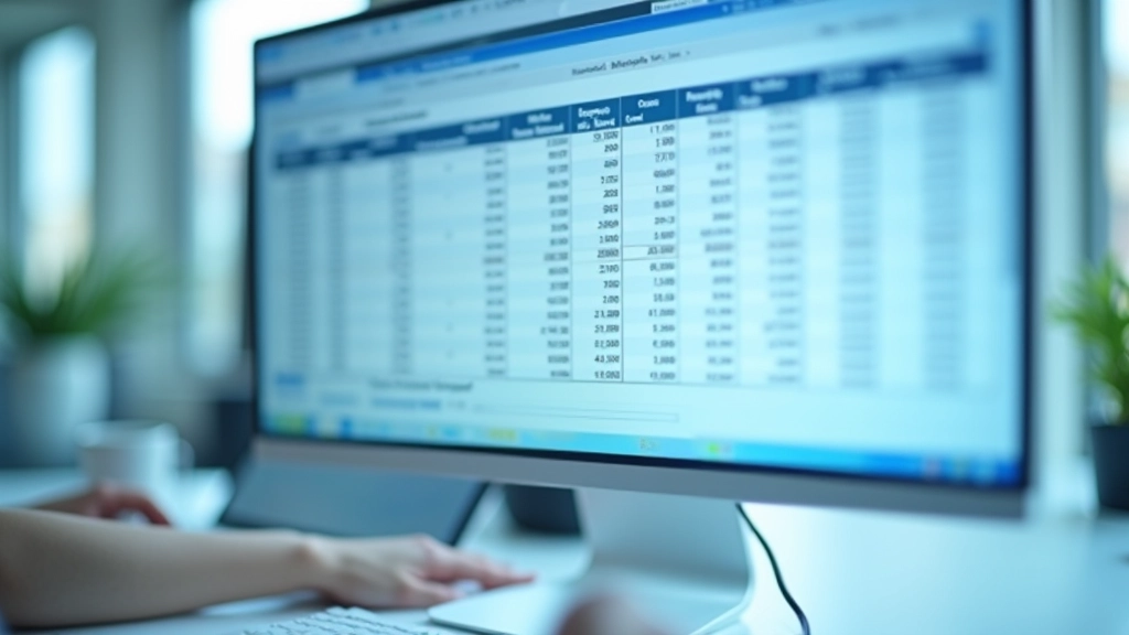 Close-up of budget planning spreadsheet on computer monitor showing income, expense categories, and calculation columns with organized data