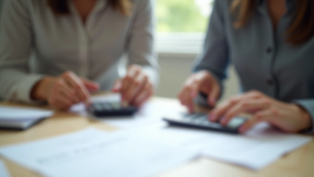 Two people discussing household budget with calculator and documents on table